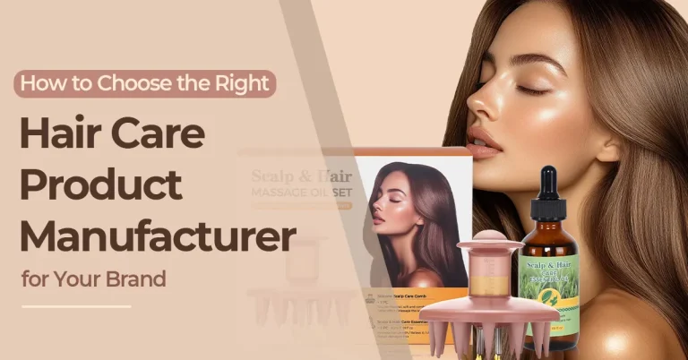 Blog banner showing hair care product manufacturer theme with scalp oil, massage comb, and model with healthy hair