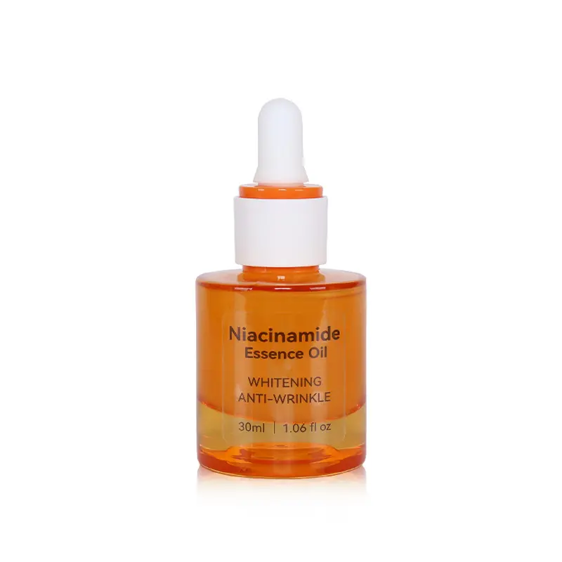 niacinamide-essence-oil-bottle-front Niacinamide serum bottle with dropper, labeled whitening and anti-wrinkle