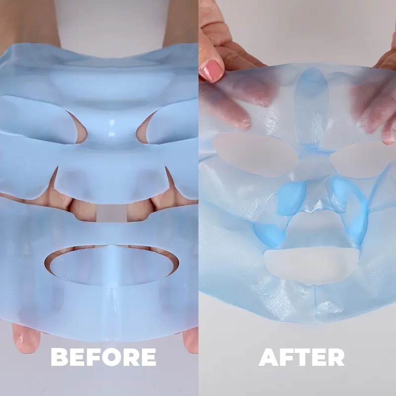 maschera-al-collagene-coreana-blu-prima-e-dopo-maschera-in-foglio Maschera in tessuto al collagene coreano CALLA blu, produzione OEM e con marchio privato