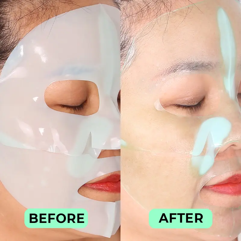 Kollagen-Maske-Eigenmarke-Vorher-Nachher Vor und nach der Anwendung von CALLA green collagen mask private label for skincare brands