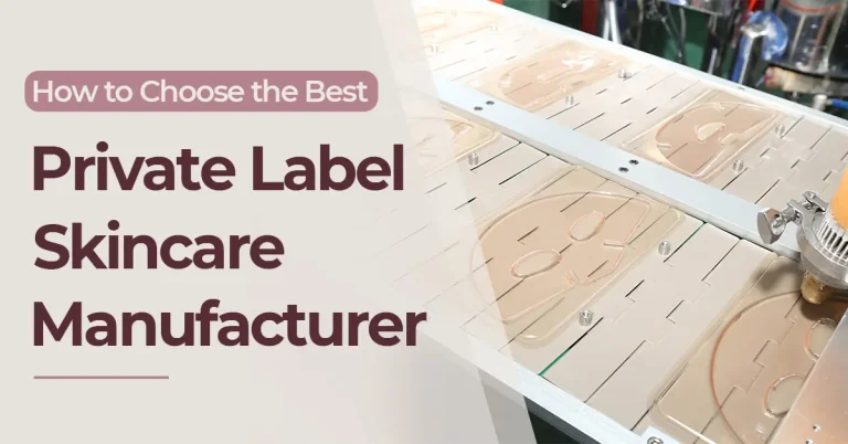 Factory production line of sheet masks with blog title overlay on choosing a skincare manufacturer
