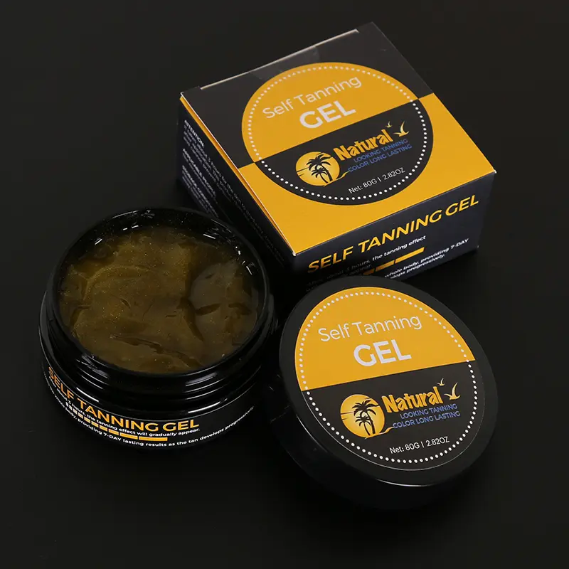 sunless-tanner-gel-open-jar CALLA sunless tanner gel in open jar showing golden brown texture for OEM skincare packaging